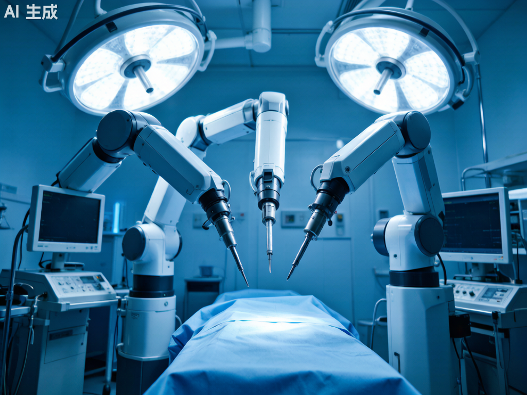 Precision surgical robot arms in modern operating room with articulated medical instruments