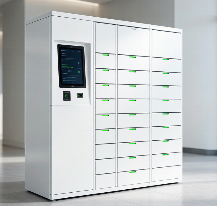 Automatic parcel locker bank with green indicator lights and touchscreen terminal in a public lobby