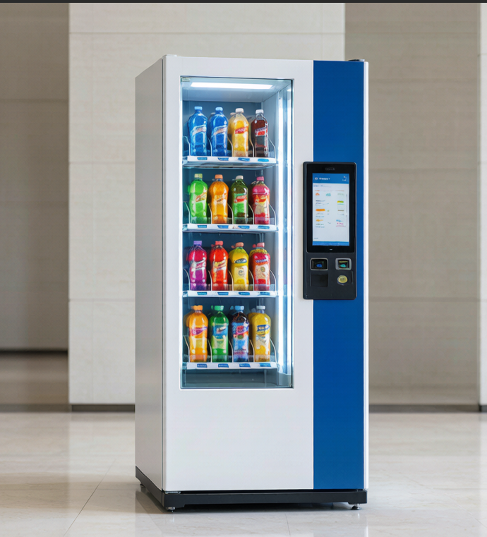 Glass-front vending machine with touchscreen selection panel dispensing beverages
